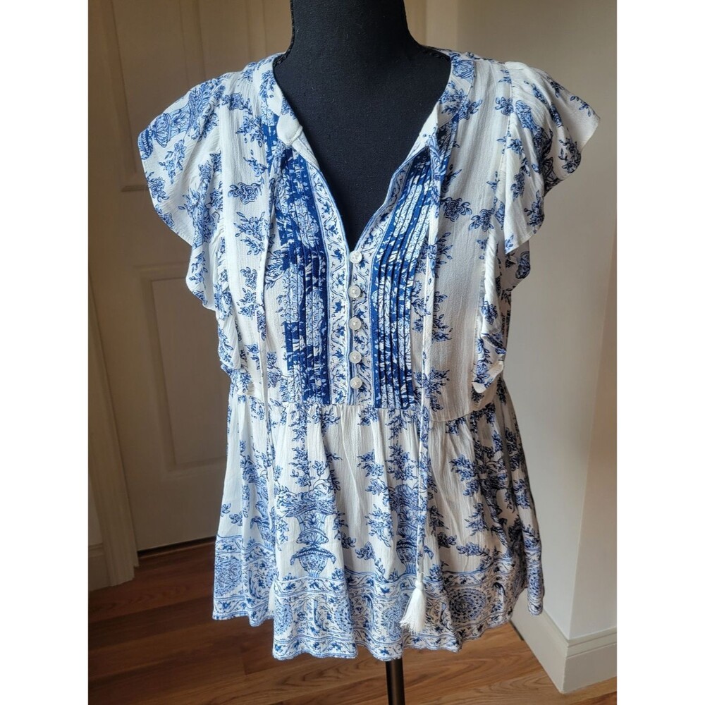 Rachel Roy Floral Toile Blouse | Blue White Flutter Sleeve Boho Top M